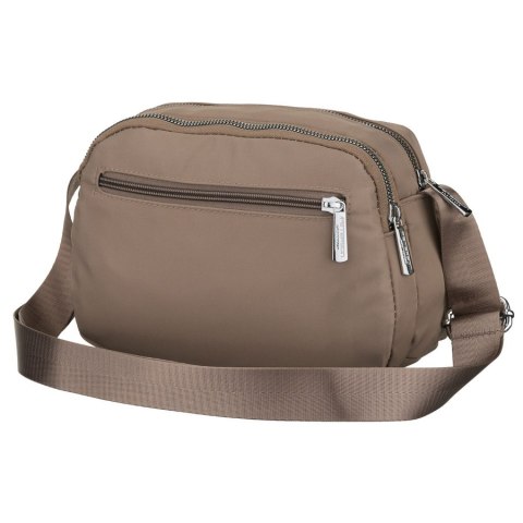 Beżowa, poręczna listonoszka damska z poliestru zawieszona na szerokim pasku - Peterson