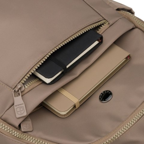 Beżowy plecak damski wykonany z poliestru, zawieszony na regulowanych szelkach - Peterson