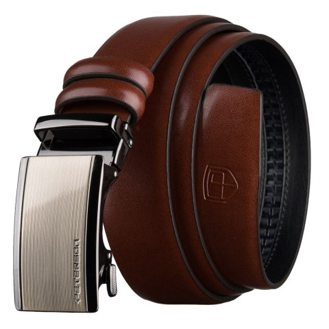 Brązowy pasek męski z automatyczną klamrą wykonany ze skóry naturalnej - Peterson