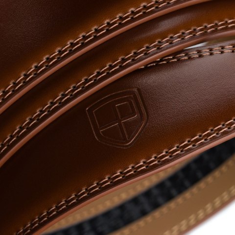 Elegancki, skórzany pasek męski w brązowym kolorze z automatyczną klamrą - Peterson