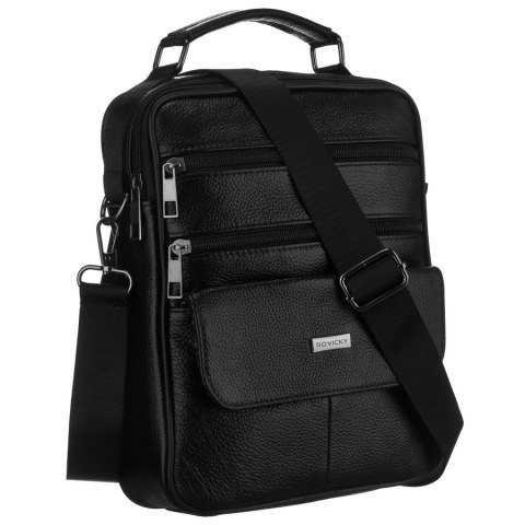 Praktyczna listonoszka męska ze skóry naturalnej w czarnym kolorze, jednokomorowa - Rovicky