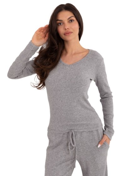 Szary Prążkowany Sweter Damski z Dekoltem V – Stylowy Wieszak