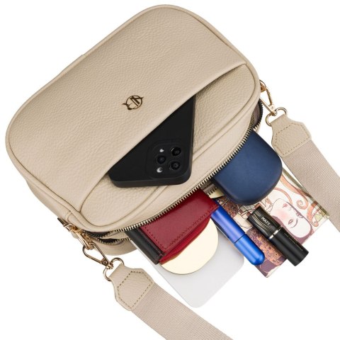 Torebka-listonoszka crossbody z kieszeniami na suwak, wykonana ze skóry ekologicznej w beżowym kolorze - Rovicky