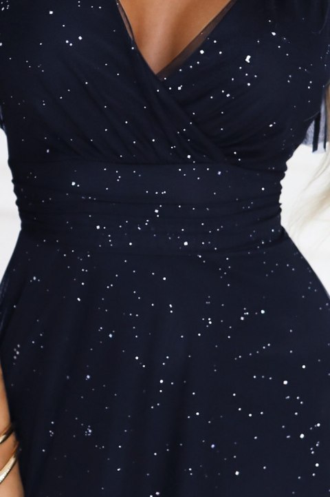 635-3 MELANIA długa błyszcząca suknia z dekoltem i krótkim rękawkiem - granatowa - UNI