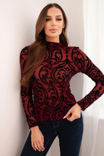 Bordowa bluzka damska z welurowym ornamentem i elegancką stójką