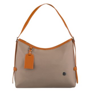 Beżowa listonoszka damska z poliestru i skóry ekologicznej wyposażona w kieszonkę zewnętrzną - Peterson