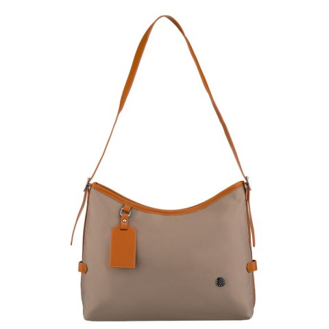 Beżowa listonoszka damska z poliestru i skóry ekologicznej wyposażona w kieszonkę zewnętrzną - Peterson