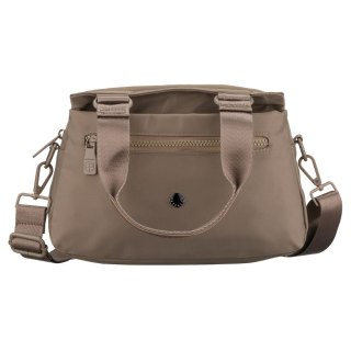 Beżowa listonoszka damska z poliestru zawieszona na uchwytach i doczepianym pasku - Peterson