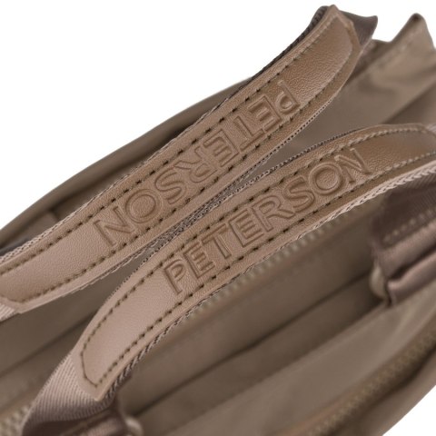 Beżowa listonoszka damska z poliestru zawieszona na uchwytach i doczepianym pasku - Peterson