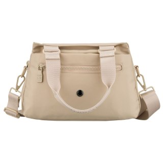 Beżowa, praktyczna listonoszka damska z poliestru zawieszona na uchwytach i doczepianym pasku - Peterson