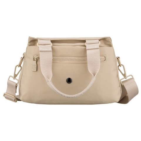 Beżowa, praktyczna listonoszka damska z poliestru zawieszona na uchwytach i doczepianym pasku - Peterson