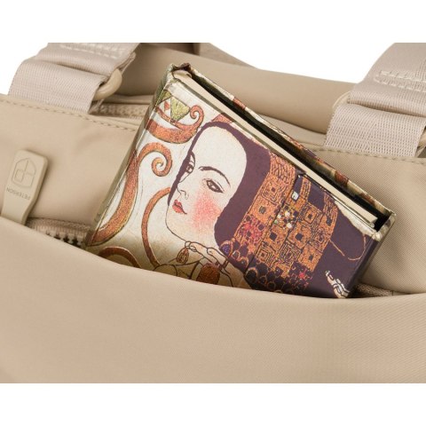 Beżowa, praktyczna listonoszka damska z poliestru zawieszona na uchwytach i doczepianym pasku - Peterson