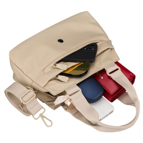 Beżowa, praktyczna listonoszka damska z poliestru zawieszona na uchwytach i doczepianym pasku - Peterson