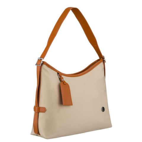Beżowa torebka damska z poliestru i skóry ekologicznej wyposażona w kieszonkę zewnętrzną - Peterson
