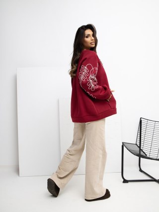 Bordowa bluza damska oversize z haftem i bufiastymi rękawami RUE PARIS
