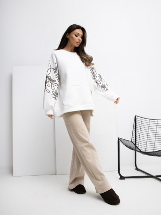Ecru dresowa bluza damska oversize z haftem i bufiastymi rękawami RUE PARIS
