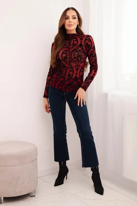 Bordowa bluzka damska z welurowym ornamentem i elegancką stójką