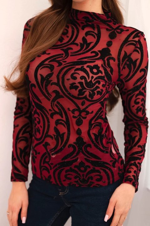 Bordowa bluzka damska z welurowym ornamentem i elegancką stójką