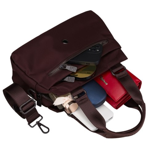 Listonoszka damska z poliestru w bordowym kolorze zawieszona na uchwytach i doczepianym pasku - Peterson