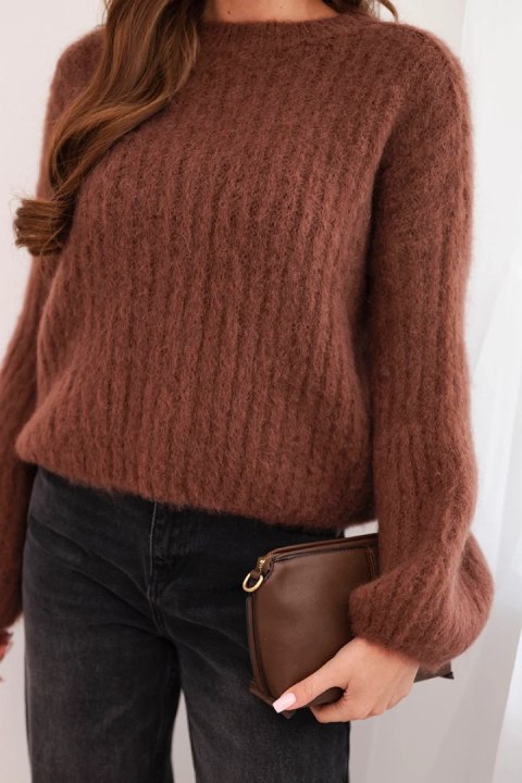 Sweter damski z moheru z bufiastymi rękawami czekoladowy