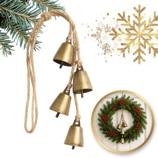 Metalowe dzwonki świąteczne 35 cm na jutowym sznurku – zestaw 4 szt. WOZ52