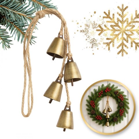 Metalowe dzwonki świąteczne na jutowym sznurku – zestaw 4 sztuki