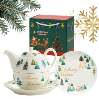 Świąteczny zestaw ceramiczny: dzbanek z filiżanką i talerzykiem w ozdobnym pudełku KB27