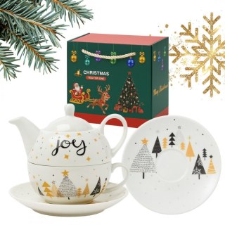 Świąteczny zestaw ceramiczny: dzbanek z filiżanką i talerzykiem w ozdobnym pudełku KB28