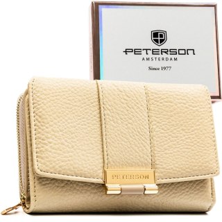 Beżowy portfel damski wykonany ze skóry ekologicznej o groszkowej fakturze, zamykany zatrzaskiem - Peterson