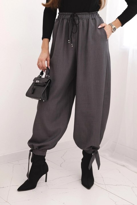 Grafitowe spodnie damskie z szeroką nogawką i wiązaniem u dołu