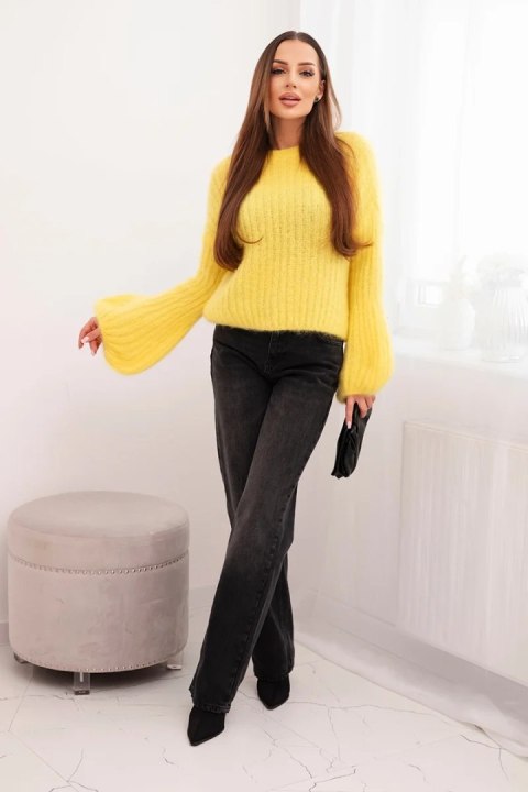 Sweter damski moherowy z bufiastymi rękawami – żółty