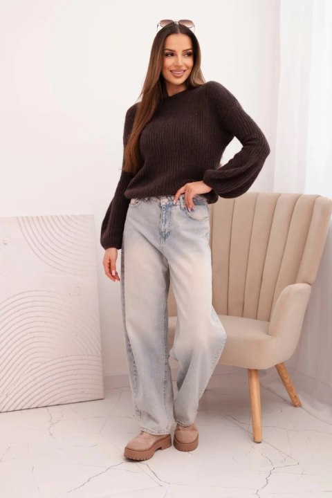 Sweter damski z baby alpaki z bufiastymi rękawami – Brązowy | Stylowy Wieszak