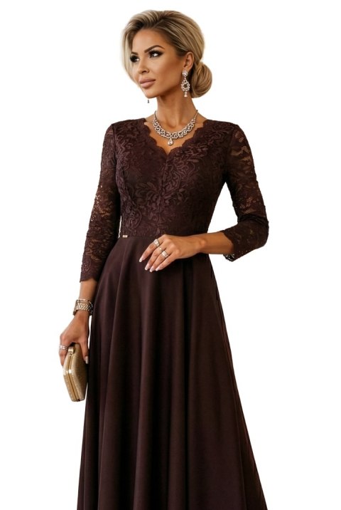 309-14 AMBER elegancka długa koronkowa suknia z dekoltem - czekolada - XXL