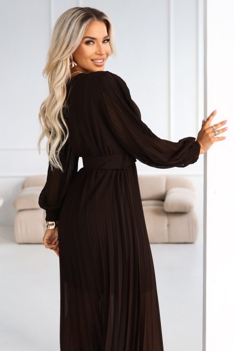 414-11 KLARA plisowana elegancka sukienka midi z paskiem i dekoltem - czekoladowa - UNI