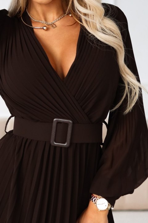 414-11 KLARA plisowana elegancka sukienka midi z paskiem i dekoltem - czekoladowa - UNI