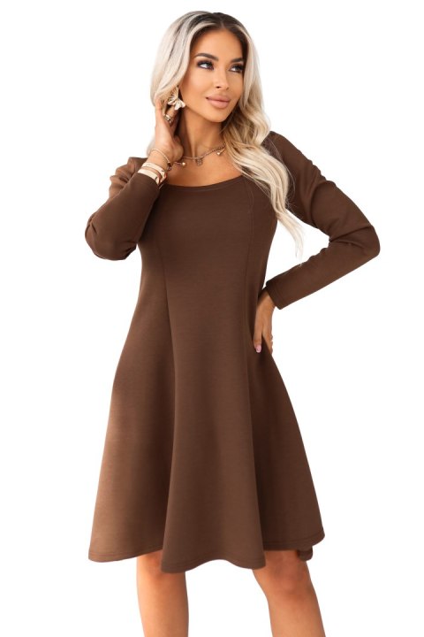 574-2 IVANA wygodna trapezowa sukienka z dekoltem i długim rękawkiem - czekoladowa - L