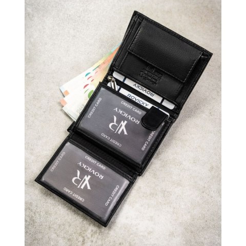 Cienki, pionowy portfel męski ze skóry naturalnej w czarnym kolorze - Rovicky