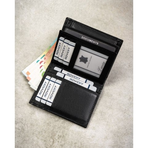 Czarny portfel męski ze skóry naturalnej mieszczący dowód rejestracyjny - Rovicky