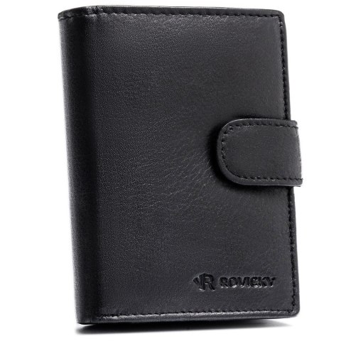 Czarny portfel męski ze skóry naturalnej mieszczący dowód rejestracyjny i wyposażony w system RFID - Rovicky