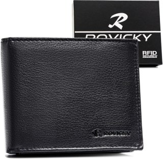 Duży, czarny portfel męski ze skóry naturalnej wyposażony w system RFID - Rovicky