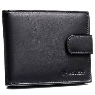 Duży, czarny portfel męski ze skóry naturalnej wyposażony w system RFID, zamykany na zatrzask - Rovicky