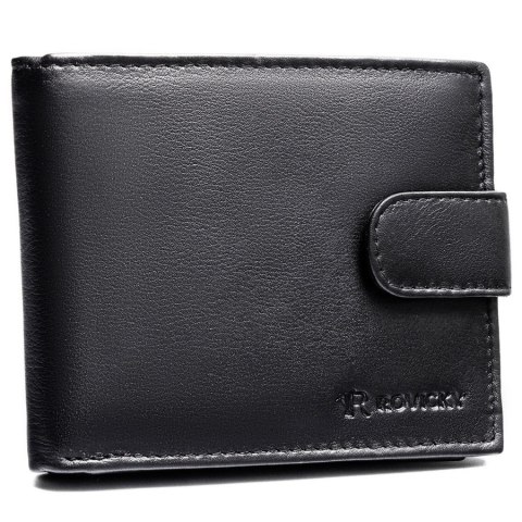 Duży, czarny portfel męski ze skóry naturalnej wyposażony w system RFID, zamykany na zatrzask - Rovicky