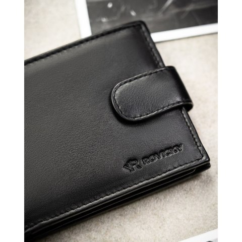 Duży, czarny portfel męski ze skóry naturalnej wyposażony w system RFID, zamykany na zatrzask - Rovicky