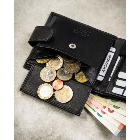 Duży, czarny portfel męski ze skóry naturalnej wyposażony w system RFID, zamykany na zatrzask - Rovicky