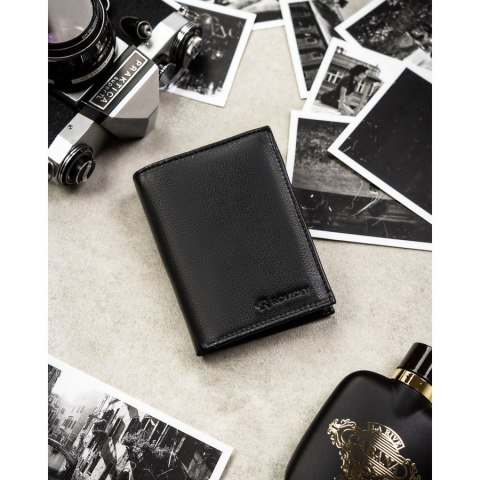 Duży, pionowy portfel męski ze skóry naturalnej w czarnym kolorze, mieszczący dowód rejestracyjny - Rovicky