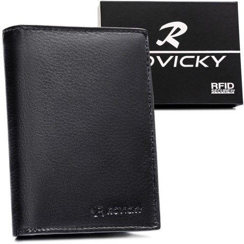 Duży portfel męski ze skóry naturalnej w czarnym kolorze, mieszczący dowód rejestracyjny - Rovicky