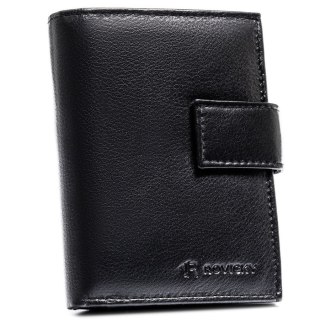 Duży portfel męski ze skóry naturalnej w czarnym kolorze, mieszczący dowód rejestracyjny i zamykany na zatrzask - Rovicky