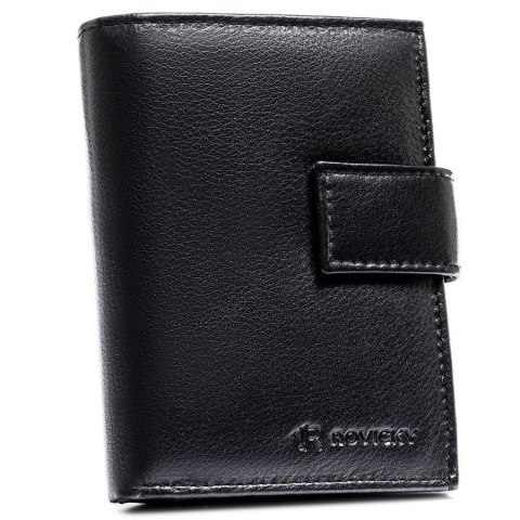 Duży portfel męski ze skóry naturalnej w czarnym kolorze, mieszczący dowód rejestracyjny i zamykany na zatrzask - Rovicky