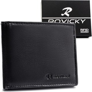 Mały, czarny portfel męski ze skóry naturalnej wyposażony w system RFID - Rovicky