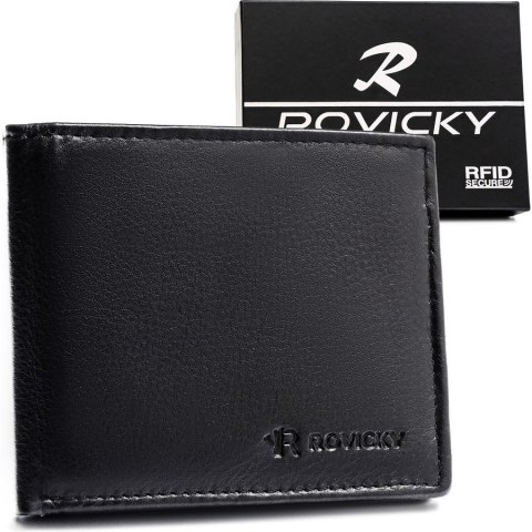 Mały, czarny portfel męski ze skóry naturalnej wyposażony w system RFID - Rovicky
